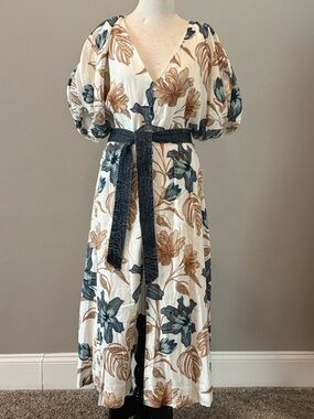 Cream Floral Maxi Dress with Puff Sleeves and Contrast Tie